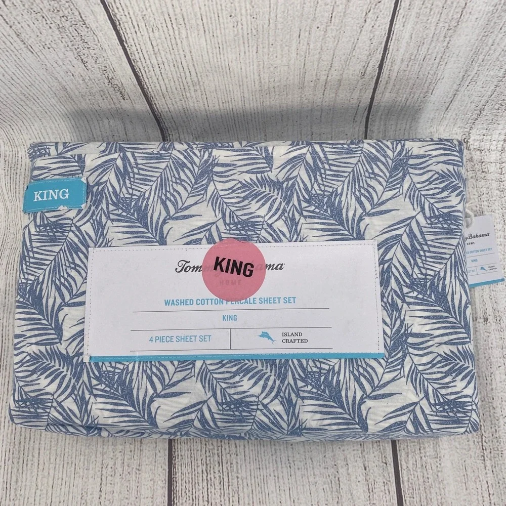 Tommy Bahama Sheet Set KING Blue Washed 100% Cotton Percale Tropical Palm Leaf